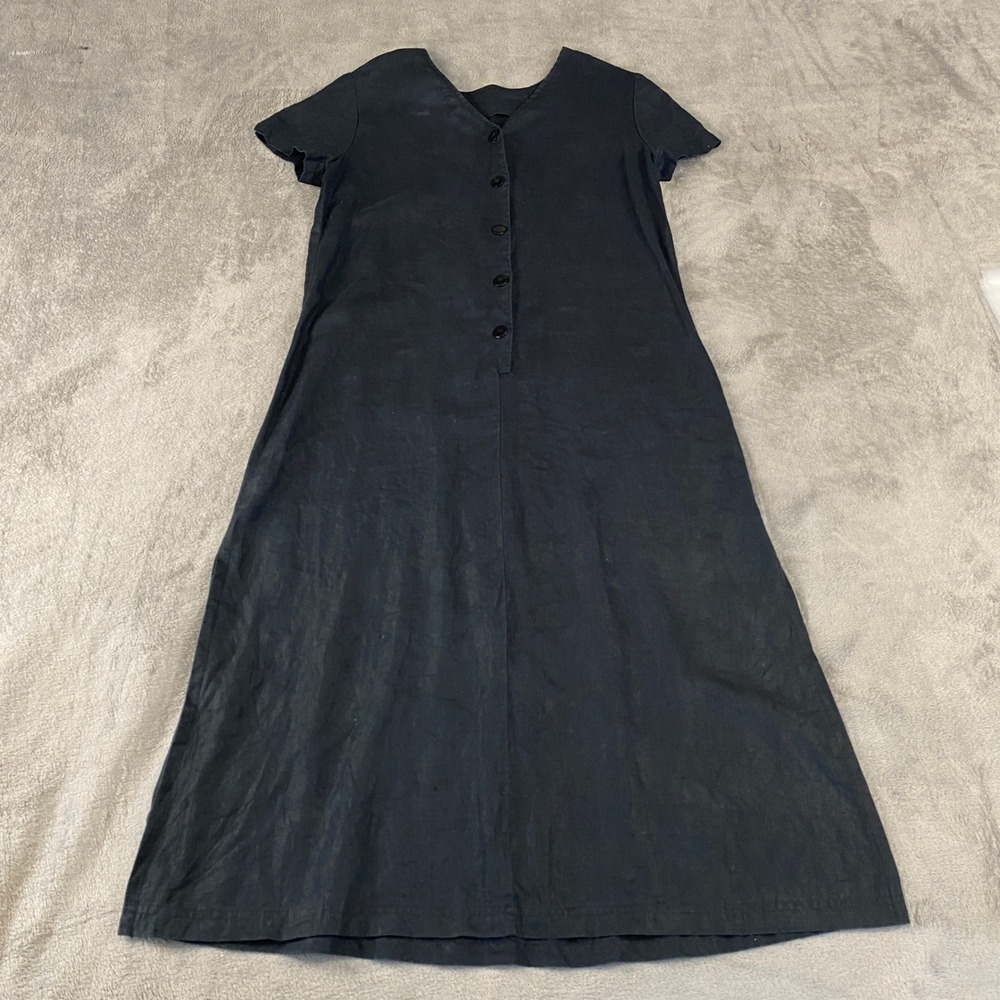 Women Linen Maxi Dress M Black V-Neck Button Front A-Line Slit Lagenlook Summmer